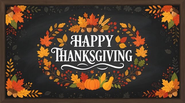 A festive chalkboard display featuring elegant white typography surrounded by a vibrant, hand-drawn wreath of colorful autumn leaves, ripe pumpkins, corn, and textured acorn accents