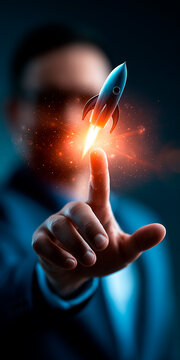  Businessman holding glowing digital rocket hologram over extended hand for startup growth