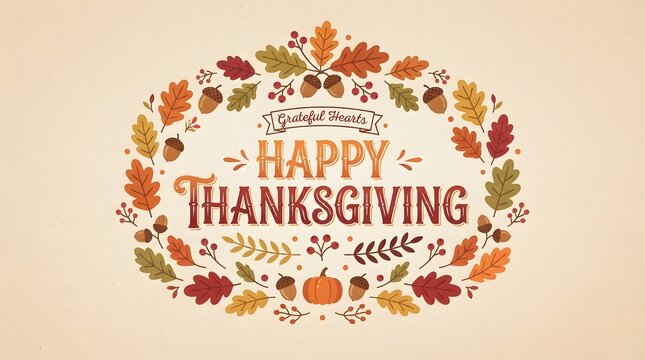 A festive and elegant Thanksgiving greeting card design featuring beautiful autumnal leaves, acorns, and a central pumpkin surrounded by hand-lettered grateful hearts typography artwork display.