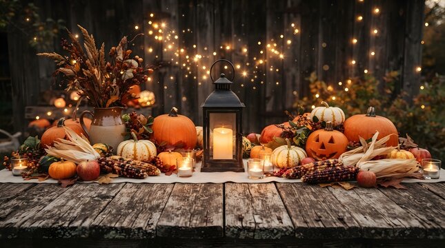 A rustic wooden table adorned with assorted pumpkins, decorative corn, autumn foliage in a ceramic pitcher, and glowing candles against a dark, fairy-lit barn backdrop.