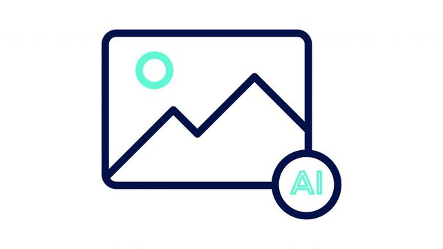 Ai image generator icon with picture frame and mountains. Vector illustration, outline video