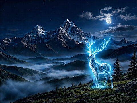 Magical glowing crystal deer standing in a misty mountain landscape at night under a full moon