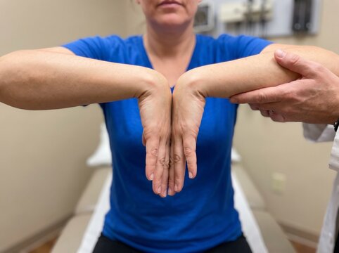 Physical therapist helping a patient perform a wrist flexion stretch exercise in a clinic setting to improve joint mobility and reduce pain