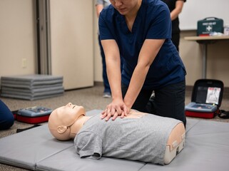 Fototapeta premium Medical professional performing cpr chest compressions on a training mannequin during a life saving first aid class in a clinic room