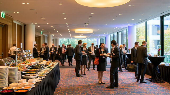 Business conference buffet with attendees networking