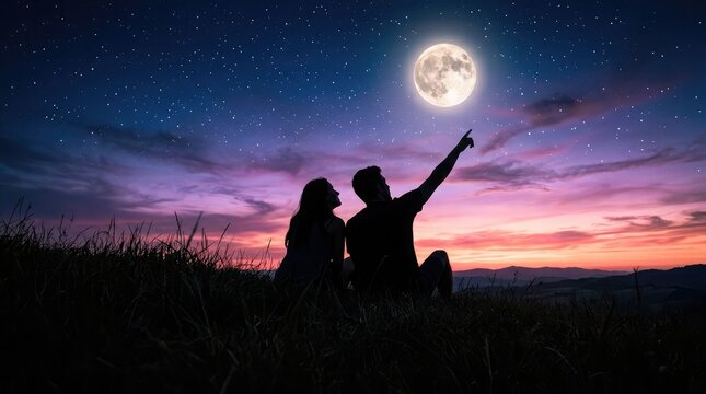 A romantic couple sitting together and watching the full moon during the beautiful mid autumn festival in china under a colorful night sky