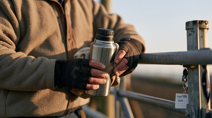 Naklejka premium A dairy farmer's hands in early morning darkness wrapping an insulated flask beside a barn gate, a rural lane stretching behind them under a still sky, a hospital lanyard and a