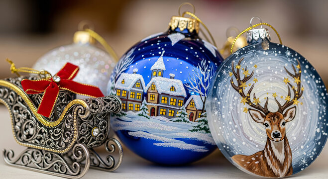 Festive close-up composition of beautifully hand-painted Christmas ornaments, featuring a deep blue bauble with a snowy winter village scene, a round flat 