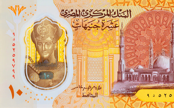 Detailed fragment of Egyptian pound currency fragment with Ten LE polymer banknote portrait of Ramses II beside pyramids.