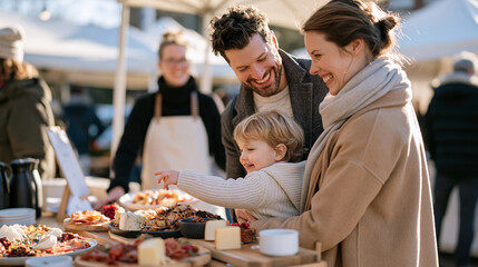 Obraz premium Family unit browses a vibrant winter catering market stall overflowing with holiday platters and charcuterie boards, parents lifting a small child to see elaborate seasonal spread