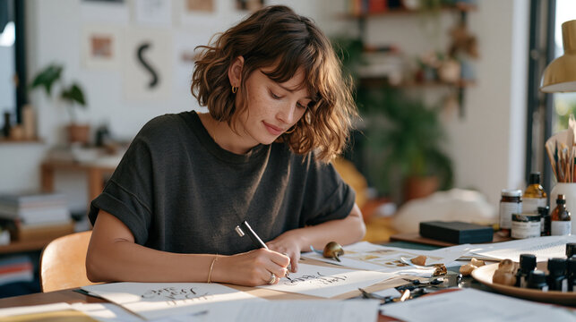 A typographer works alone at a drafting table during golden hour, long sunlight stretching across hand-lettered seasonal greeting card layouts, her focused gaze on kerning