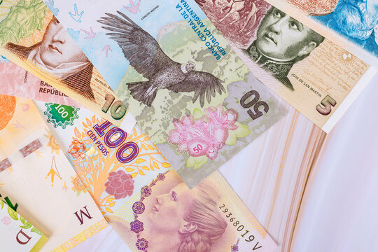 Various Argentine pesos banknotes of different values denominations issues central Bank Argentina