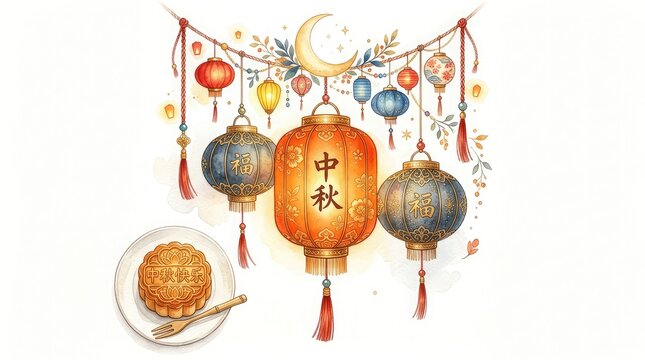 Watercolor illustration featuring traditional hanging lanterns and mooncakes celebrating the beautiful mid autumn festival in china with a festive atmosphere on white background