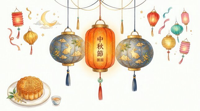 Beautiful watercolor illustration featuring traditional hanging lanterns and delicious mooncakes celebrating the cultural heritage of the mid autumn festival in china on white