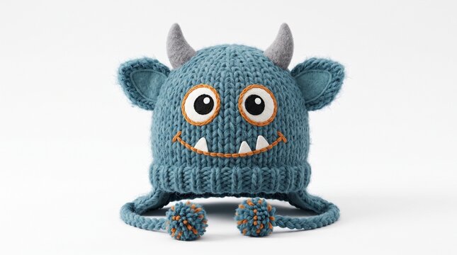 Cute blue knitted monster hat with horns ears and pom poms for children