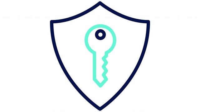 Cybersecurity shield icon with security key. Vector illustration, outline animation