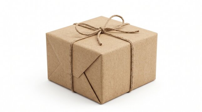 A simple brown paper wrapped gift box tied with twine and a bow on a white background