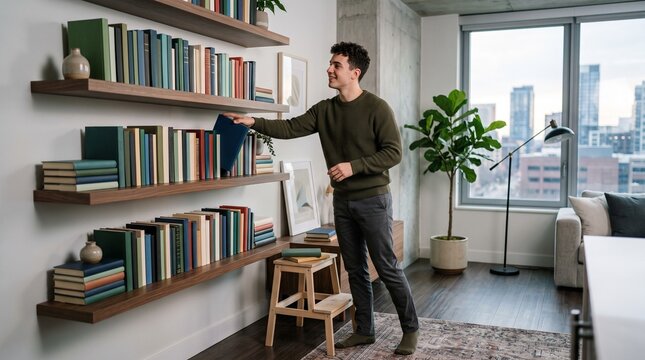 Man selecting a book from a modern apartment bookshelf with city view