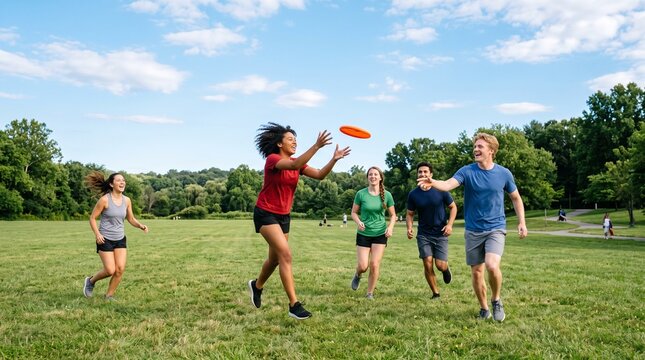 Diverse group of friends joyfully playing frisbee in a sunny park on a summer day