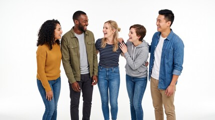 Obraz premium Diverse group of young friends laughing and sharing a joyful moment together against a white background