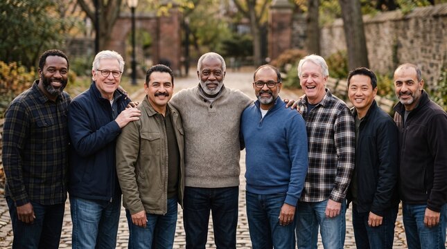 Diverse group of nine smiling men of various ages and ethnicities posing together outdoors in autumn