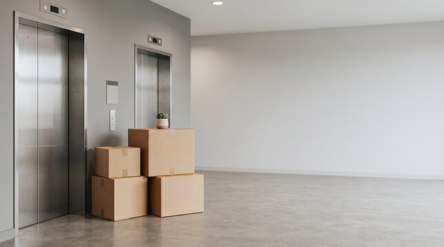 Cardboard moving boxes stacked near elevators in a modern building hallway with a small potted plant on top