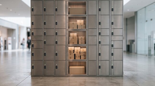 Modern automated parcel lockers with digital keypads and packages inside a bright contemporary building lobby