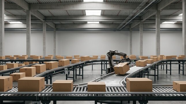 Automated warehouse robot arm sorting cardboard boxes on conveyor belts in a modern logistics facility