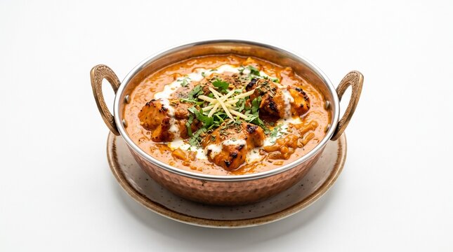 Delicious Chicken Tikka Masala served in a traditional copper karahi dish with fresh cilantro and ginger garnish