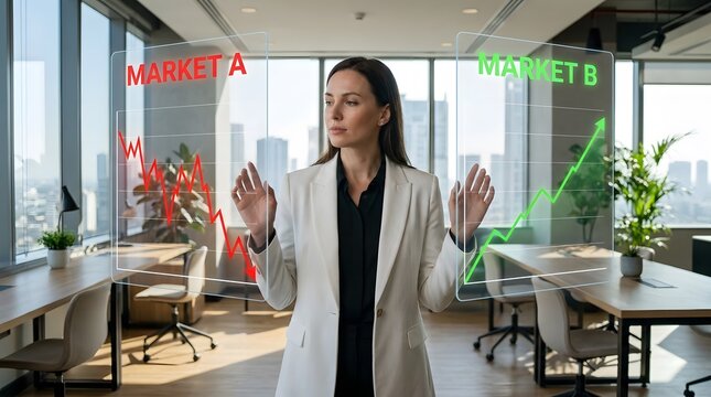 Businesswoman conducting A/B testing comparing holographic Market A down chart and Market B up chart in office