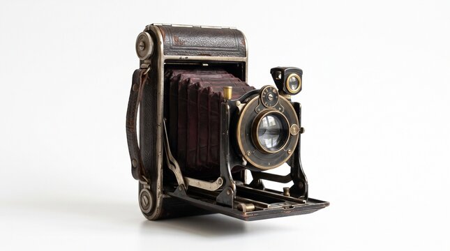 Antique Folding Camera with Bellows and Leather Exterior on White Background