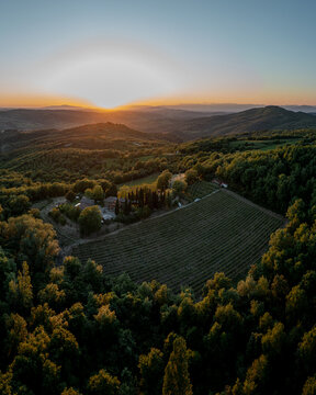 Aerial view of a vineyard and farmhouse nestled in the rolling hills of Tuscany at sunset, surrounded by lush forests in Greve in Chianti, Tuscany, Italy.