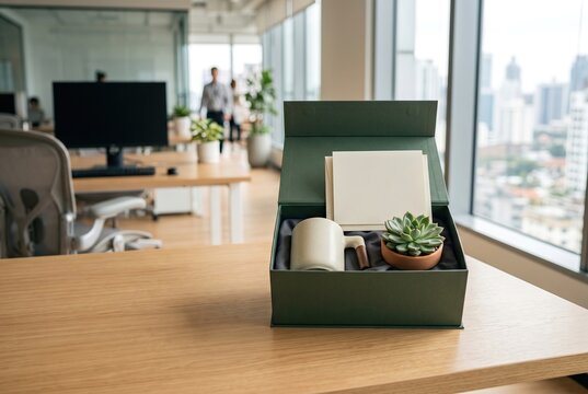 A gift box sits on a wooden office desk. Inside are a mug, notebook, and a small plant. People work in the background. Large windows show a city view