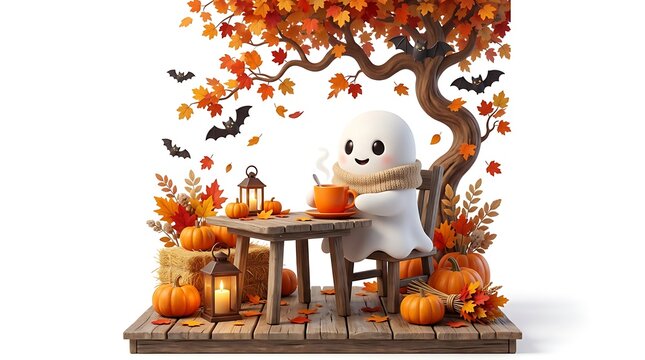 Cute Ghost Wearing Scarf Drinking Hot Coffee Under Autumn Tree with Pumpkins Lanterns and Flying Bats 3D Render