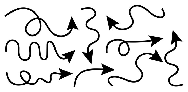 Collection of simple hand drawn arrows set. Hand made arrow mark icons vector. Curved doodles arrow.