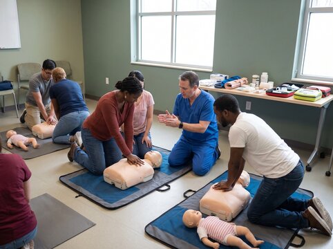Group of diverse people learning how to perform cpr training on medical manikins in a classroom setting