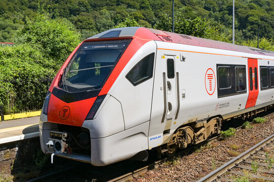 Taffs Well, Rhondda Cynon Taf, Wales, UK - 15 July 2026: Transport for Wales Class 756 electric train at Taffs Well railway station in south Wales. The train is manufactured by Stadler