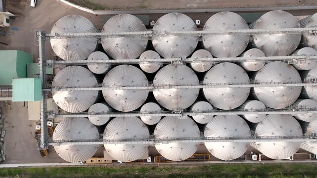 Aerial view of industrial grain silos arranged in a geometric pattern at a facility in Nairobi, Nairobi County, Kenya.