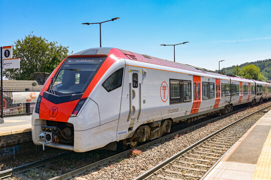 Treforest, Rhondda Cynon Taf, Wales, UK - 14 July 2026: Transport for Wales Class 756 electric train stopped at Treforest railway station in south Wales.