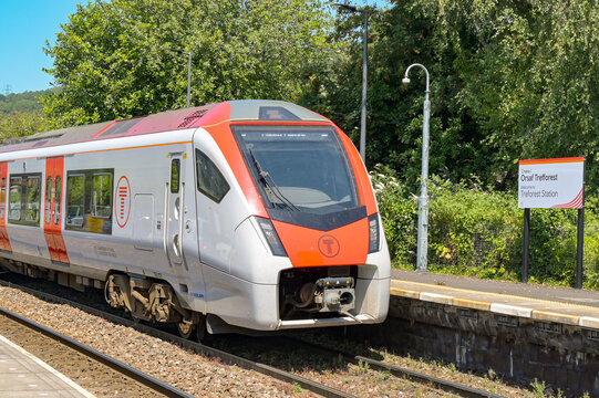 Treforest, Rhondda Cynon Taf, Wales, UK - 14 July 2026: Transport for Wales Class 756 electric train stopped at Treforest railway station in south Wales.