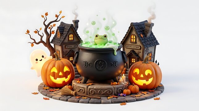 Cute Halloween 3D Diorama Featuring Bubbling Green Potion Cauldron with Frog Jack-o'-Lantern Pumpkins and Spooky Cottages