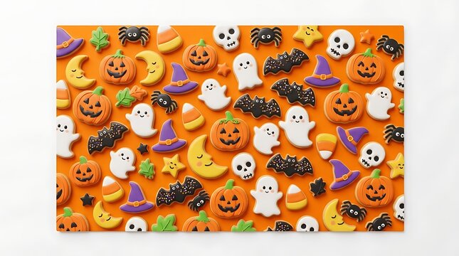 Assortment of Decorated Halloween Sugar Cookies Featuring Pumpkins Ghosts Bats Witch Hats and Candy Corn Flat Lay on Orange Background