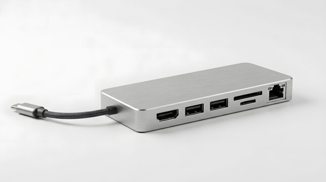 Modern USB C multiport hub isolated on minimalist white surface
