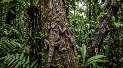 Fototapeta premium Camouflaged Lizard Resting on a Mossy Tree Trunk in a Lush Forest.