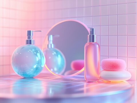A pink fluffy sponge sits atop two bars of soap next to a pink liquid bottle and a round blue dispenser. AI.