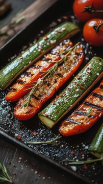 Grilled zucchini and red peppers are seasoned with salt, herbs, and spices on a dark tray, with fresh tomatoes in the background. AI.