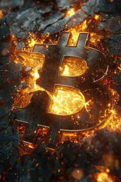 A golden bitcoin symbol emerges from cracked, molten rock illuminated by a fiery orange glow. AI.