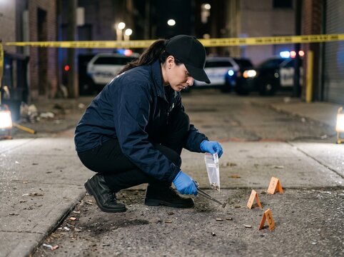 Police forensic investigator collecting evidence at a crime scene at night with caution tape and police cars in the background