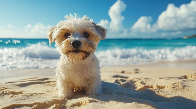 A small, fluffy dog sits on a sandy beach with the ocean and blue sky in the background. AI.
