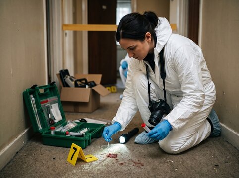 Forensic expert in protective suit collecting evidence at a crime scene